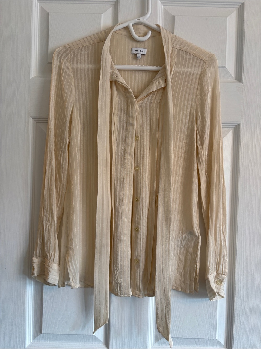 REISS Cream Vertical-Stripe Blouse with Tie Detail